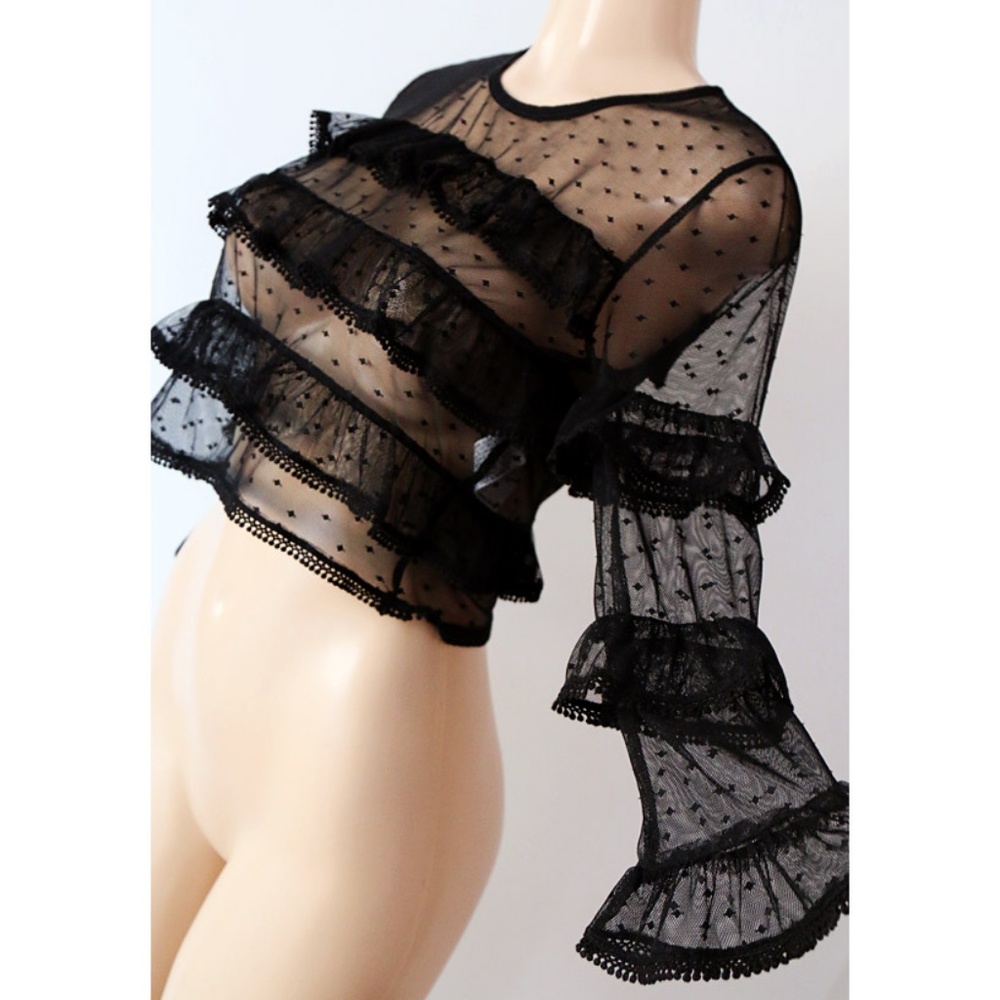 Last ☝️ Sheer Mesh Polka Dot Ruffle Crop Lace Top - Picture 3 of 8